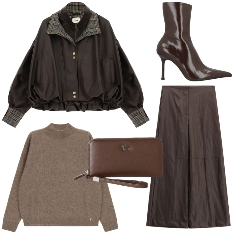 Outfit donna - Un bomber nel guardaroba. Stile Casual chic per Tutti i giorni. Abbinamento con portafogli, pullovers, pantaloni a palazzo, bomber, stivaletti.