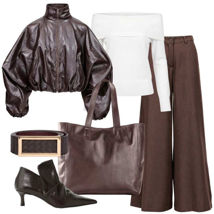 Outfit donna - Il bomber trendy. Stile Trendy per Tutti i giorni. Abbinamento con bomber, pantaloni a palazzo, stivaletti, cinture, t-shirt, shopping bag.