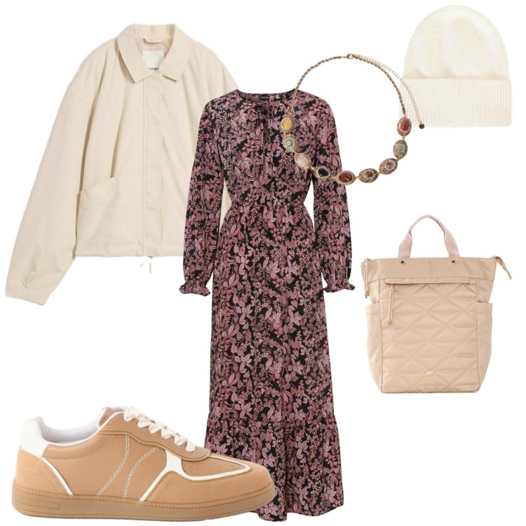 Outfit donna - Ultimi giorni di ottobre. Stile Casual per Scuola/Università. Abbinamento con collane, cappelli, bomber, sneakers, zaini, vestiti lunghi.