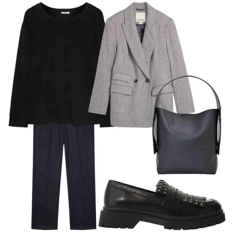 Outfit donna - Visita al museo. Stile Chic per Ufficio. Abbinamento con mocassini, maglieria, jeans dritti, borse a spalla, blazer.