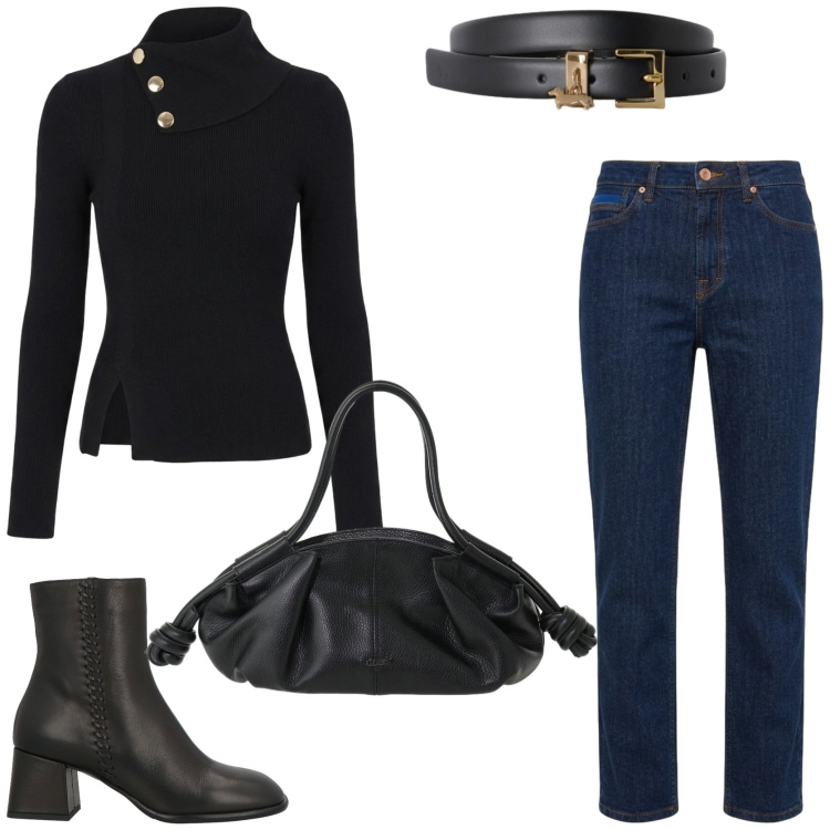 Outfit donna - Minimal chic. Stile Minimal per Tutti i giorni. Abbinamento con cinture, jeans, maglieria, borse a mano, stivaletti.