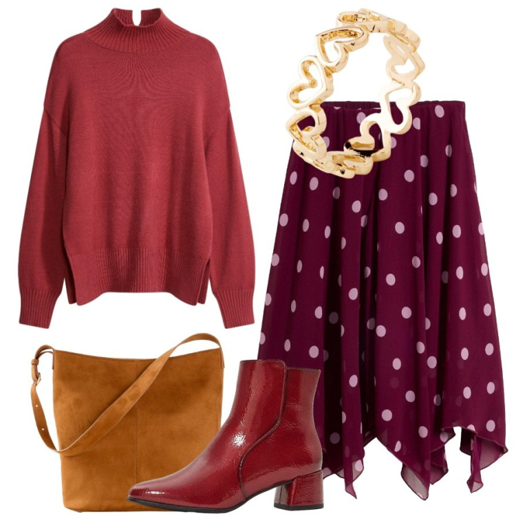 Outfit donna - Sfumature di rosso. Stile Sporty chic per Serata fuori. Abbinamento con gonne longuette, stivaletti, pullovers, anelli, borse a mano.