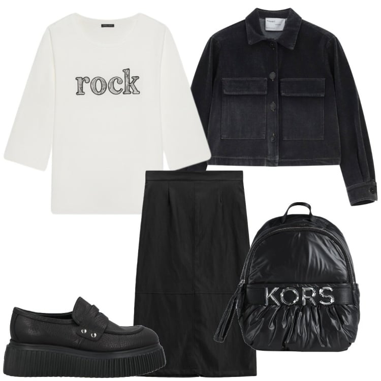 Outfit donna - Autunno in città. Stile Chic per Ufficio. Abbinamento con t-shirt, cappotti, gonne longuette, zaini, mocassini.