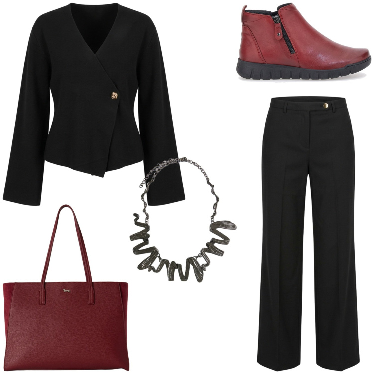 Outfit donna - Un tocco di rosso. Stile Chic per Tutti i giorni. Abbinamento con shopping bag, ciondoli, cardigans, pantaloni, stivaletti.