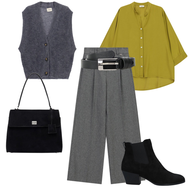 Outfit donna - Camicia giallo olio. Stile Glamour per Tutti i giorni. Abbinamento con borse a mano, pantaloni a palazzo, camicie, cinture, gilet, stivaletti chelsea.