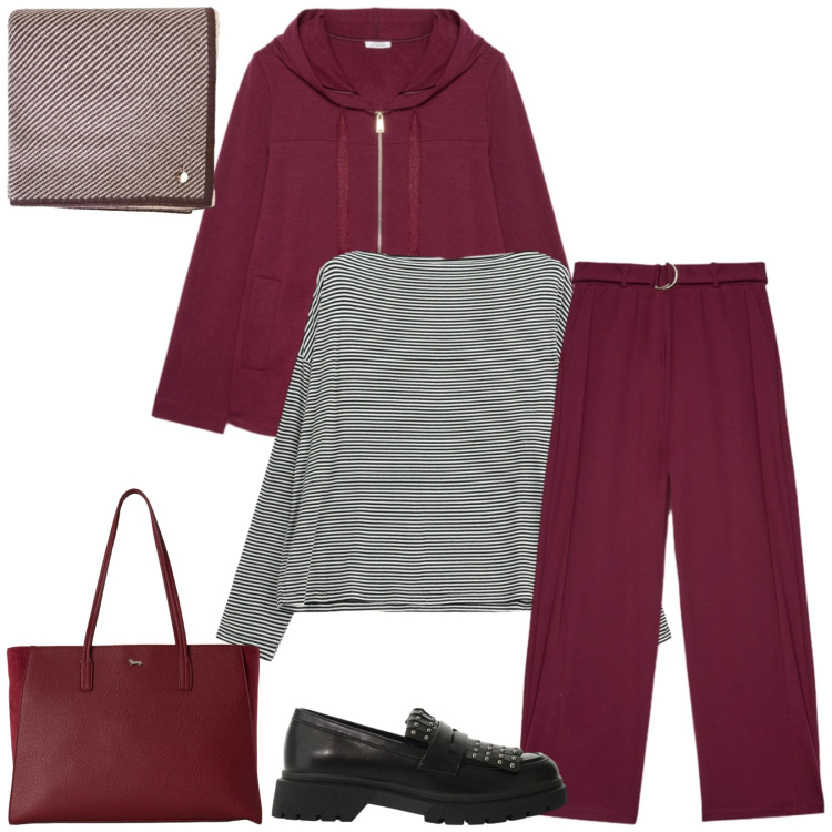 Outfit donna - Total look #2497432. Stile Urban per Tutti i giorni. Abbinamento con shopping bag, mocassini, pantaloni a palazzo, felpe con cappuccio, sciarpe, t-shirt.