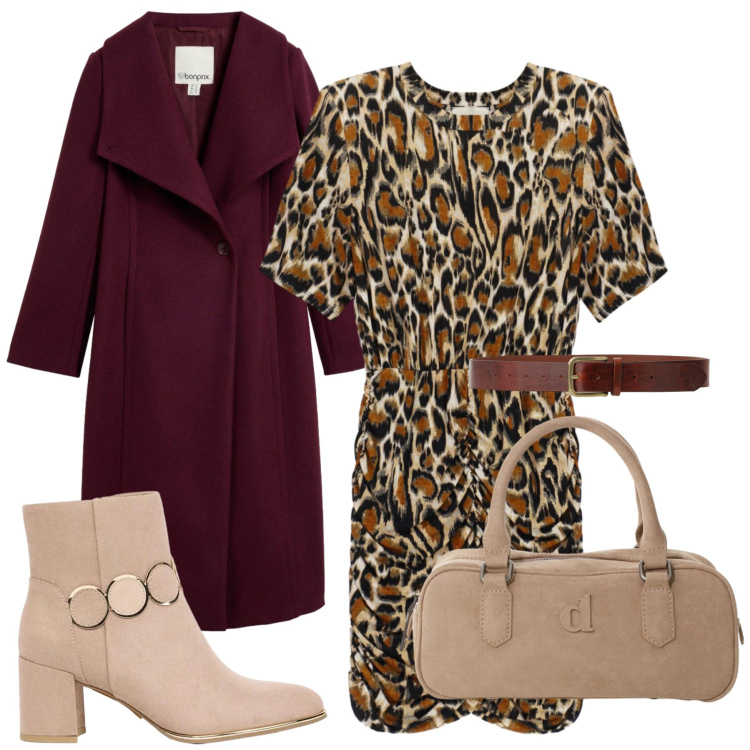 Outfit donna - Leopard Outfit. Stile Chic per Tutti i giorni. Abbinamento con borse a mano, vestiti corti, cinture, stivaletti, cappotti.
