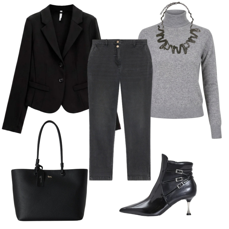 Outfit donna - Essenziale. Stile Minimal per Tutti i giorni. Abbinamento con shopping bag, jeans, ciondoli, blazer, stivaletti, pullovers.