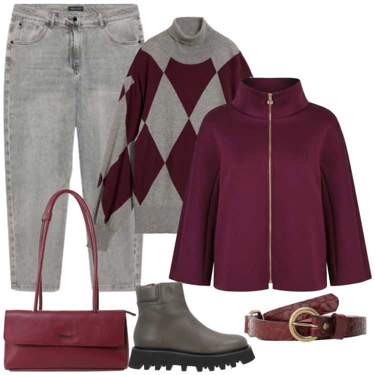 Outfit donna - Grigio e bordeaux in stile anni '90. Stile Basic per Tutti i giorni. Abbinamento con jeans mom, cappotti, borse a spalla, cinture, stivaletti, pullovers.
