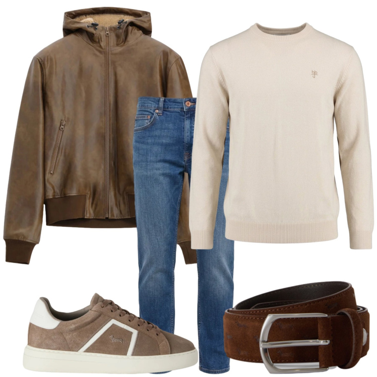 Outfit uomo - Essenziale di Stagione. Stile Casual per Tutti i giorni. Abbinamento con cinture, sneakers, jeans, maglieria, bomber.