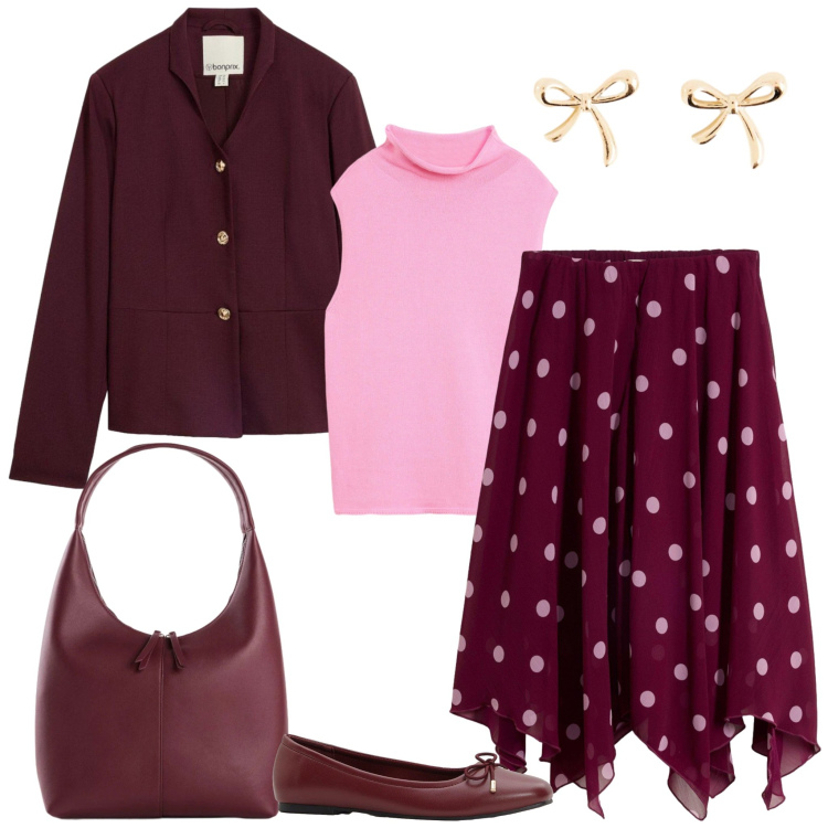 Outfit donna - Romantica in rosa e bordeaux. Stile Romantica per Serata fuori. Abbinamento con ballerine, gonne longuette, blazer, orecchini, maglieria, borse a mano.