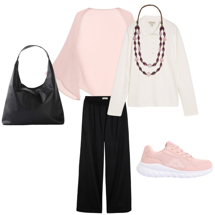 Outfit donna - La vie EN rose. Stile Casual chic per Tutti i giorni. Abbinamento con collane, blazer, shopping bag, polo, sneakers, pantaloni a palazzo.