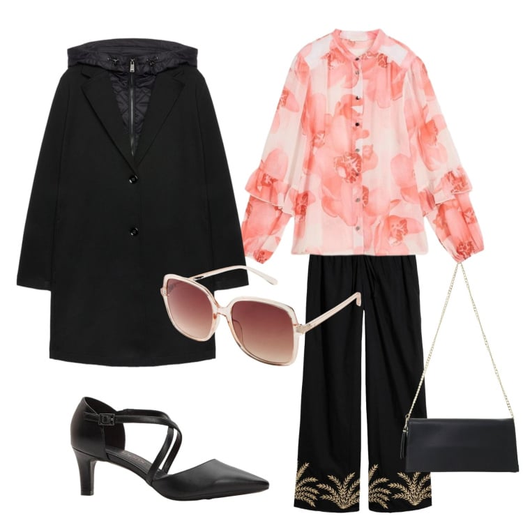 Outfit donna - La vie EN rose. Stile Casual chic per Tutti i giorni. Abbinamento con borse a tracolla, cappotti, occhiali da sole, décolleté, camicie, pantaloni a palazzo.