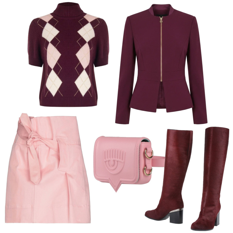 Outfit donna - Pomeriggio al cocktail party. Stile Chic per Serata fuori. Abbinamento con stivali, minigonne, marsupi, blazer, maglieria.