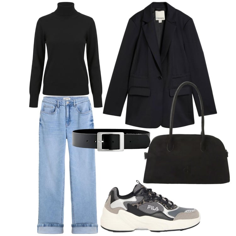 Outfit donna - 90's Black & Denim stile. Stile Casual per Tutti i giorni. Abbinamento con borse a spalla, pullovers, cinture, sneakers, jeans dritti, blazer.