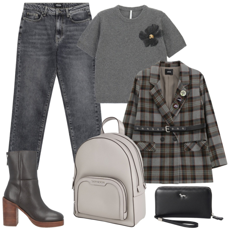 Outfit donna - I jeans a vita alta e la giacca a quadri. Stile Trendy per Serata fuori. Abbinamento con zaini, stivaletti, maglieria, portafogli, blazer, jeans dritti.