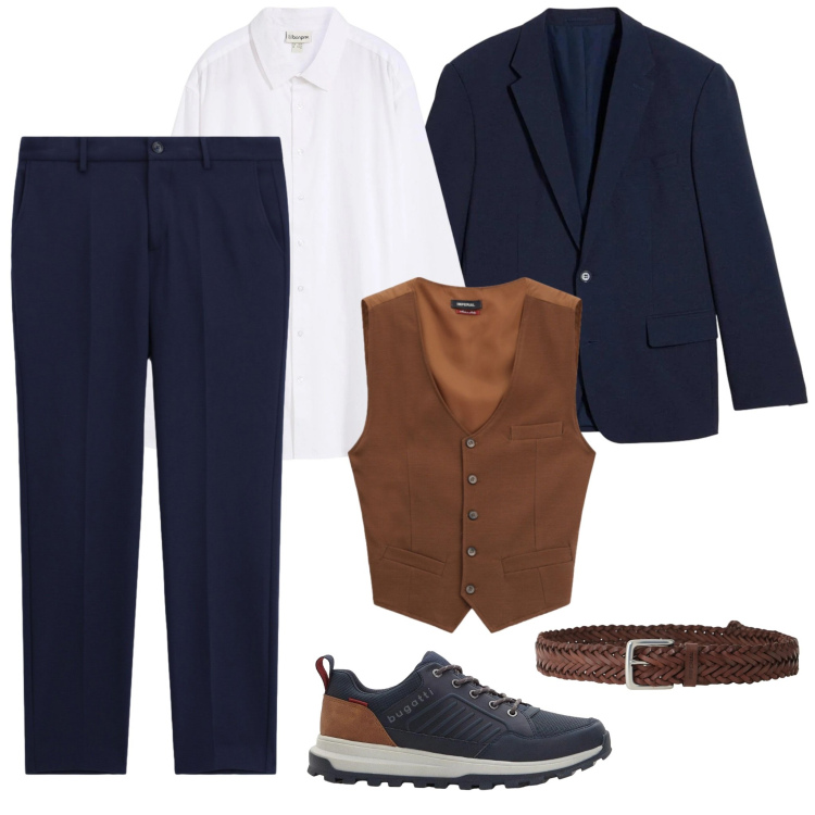 Outfit uomo - Blu e marrone, tres chic!. Stile Business/Elegante per Serata speciale. Abbinamento con gilet, pantaloni, cinture, camicie, sneakers, giacche.
