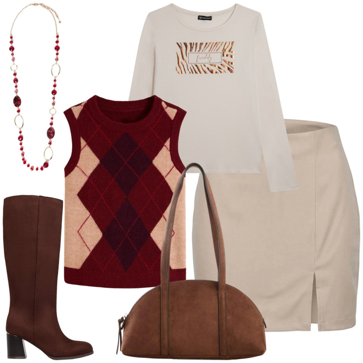 Outfit donna - Ufficio. Stile Casual per Ufficio. Abbinamento con minigonne, collane, t-shirt, stivali, borse a tracolla, maglieria.