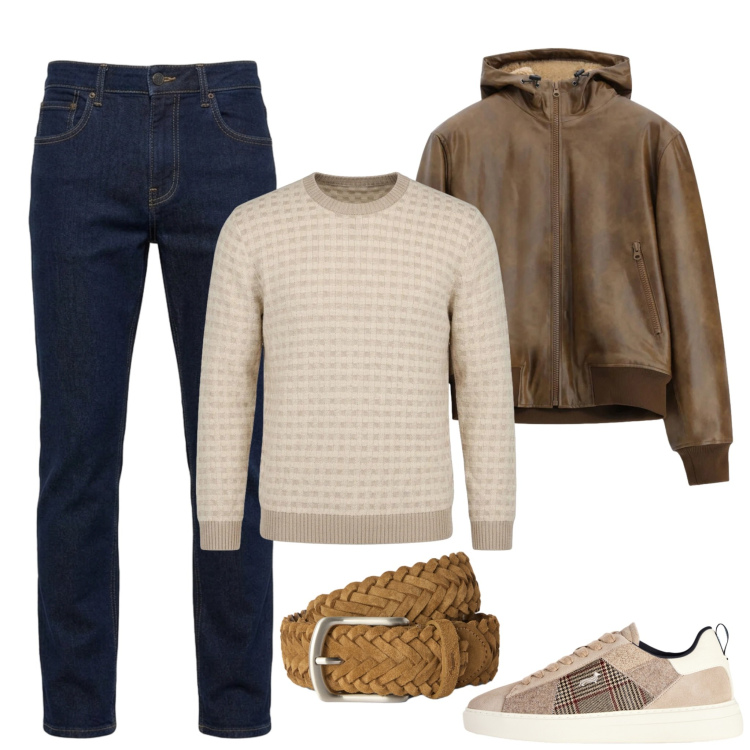 Outfit uomo - Versatile, da mattina a sera. Stile Trendy per Tutti i giorni. Abbinamento con sneakers, maglieria, jeans, cinture, bomber.