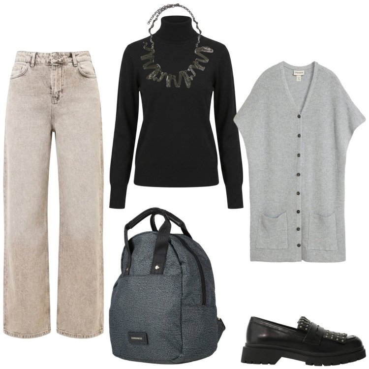 Outfit donna - Total look #2497483. Stile Basic per Scuola/Università. Abbinamento con mocassini, ciondoli, jeans dritti, pullovers, zaini, maglieria.