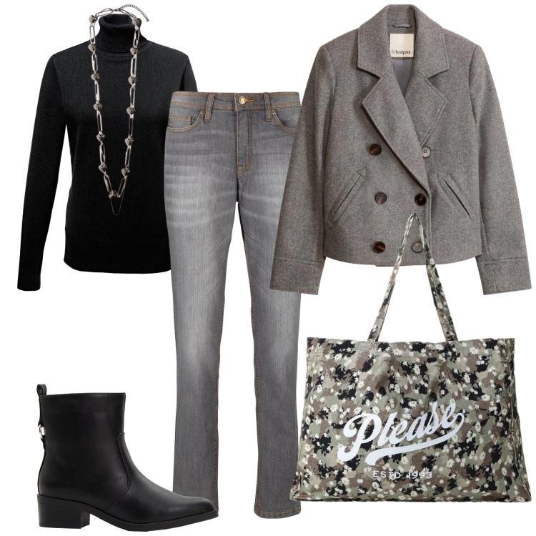 Outfit donna - Total look #2497484. Stile Minimal per Scuola/Università. Abbinamento con collane, shopping bag, stivaletti, jeans mom, maglieria, blazer.