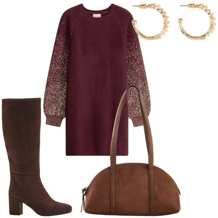 Outfit donna - Vestito medio. Stile Casual chic per Tutti i giorni. Abbinamento con vestiti, stivali, borse a tracolla, orecchini.
