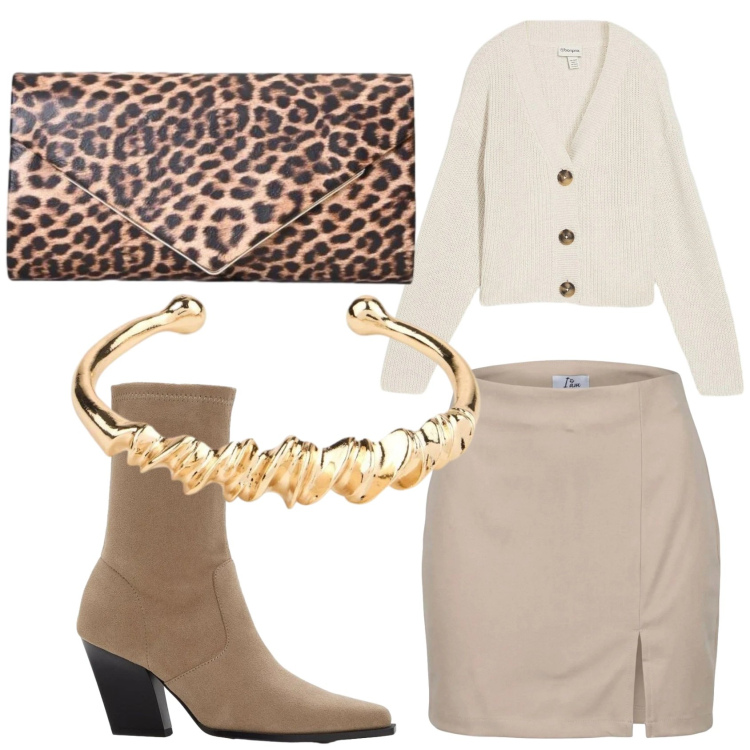 Outfit donna - Cardigan e minigonna. Stile Chic per Serata fuori. Abbinamento con minigonne, pochette, cardigans, stivaletti, braccialetti.