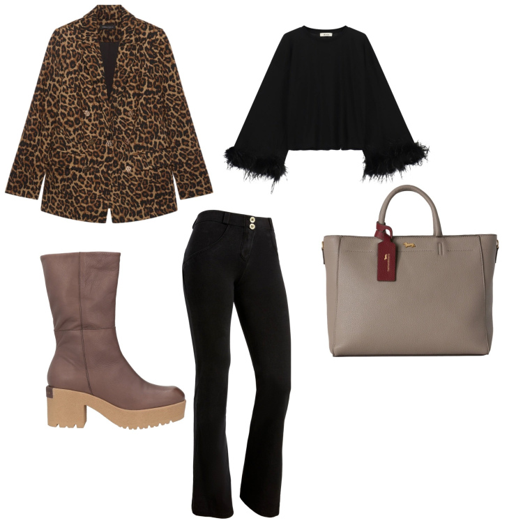 Outfit donna - Particolari. per Tutti i giorni. Abbinamento con borse a mano, blazer, jeggings, top, stivaletti.
