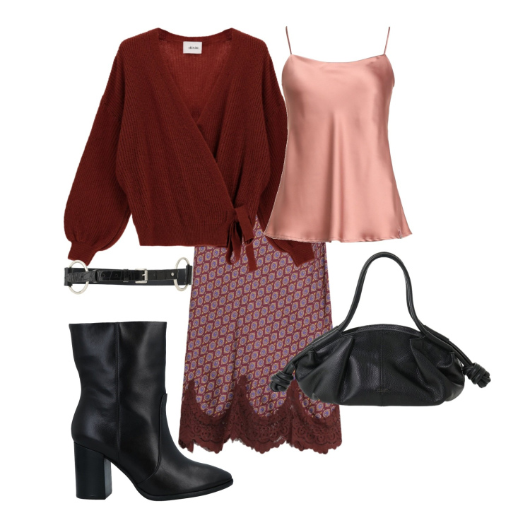 Outfit donna - Total look #2497491. Stile Casual chic per Serata fuori. Abbinamento con stivaletti, top, gonne longuette, borse a mano, cinture, cardigans.