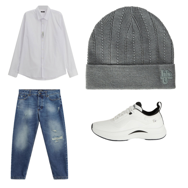 Outfit uomo - Casual. Abbinamento con berretti, camicie, jeans strappati, sneakers.