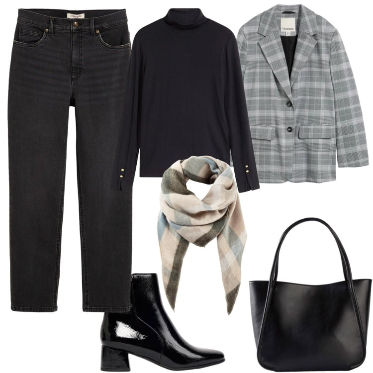 Outfit donna - Minimal per il weekend. Stile Minimal per Tutti i giorni. Abbinamento con blazer, stivaletti, sciarpe, shopping bag, jeans dritti, maglieria.