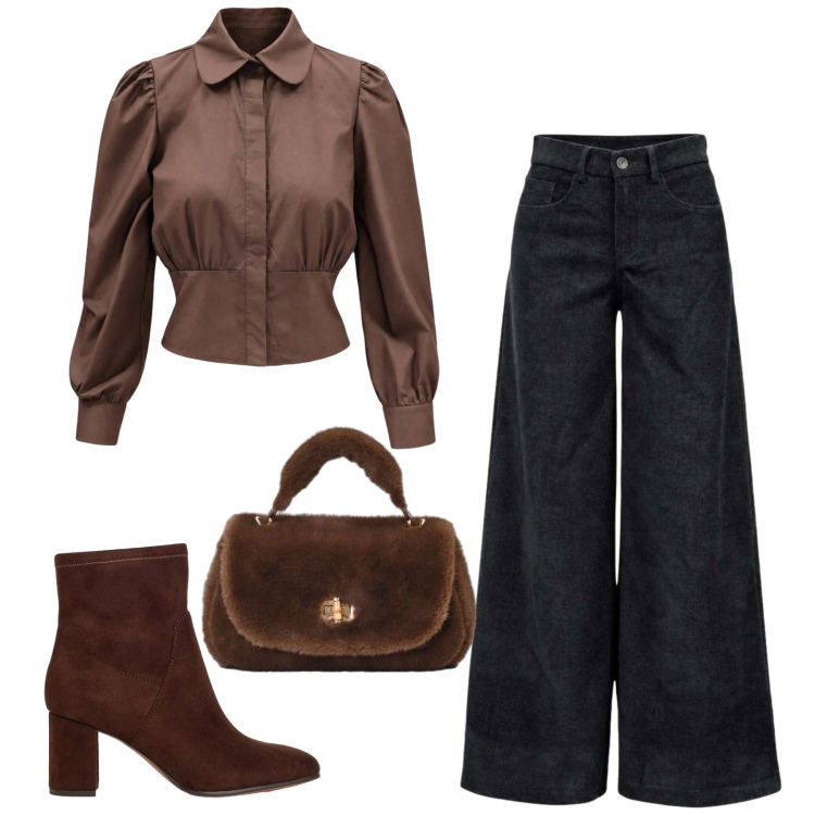 Outfit donna - Total look #2497503. Stile Glamour per Serata fuori. Abbinamento con camicie, pantaloni a palazzo, borse a mano, stivaletti.