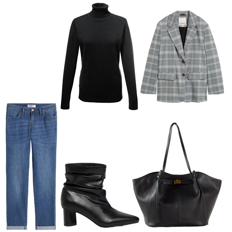 Outfit donna - Total look #2497505. Stile Casual per Tutti i giorni. Abbinamento con shopping bag, maglieria, jeans dritti, stivaletti, blazer.