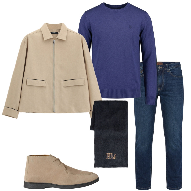 Outfit uomo - Navy e cammello. Stile Urban per Tutti i giorni. Abbinamento con stivali e stivaletti, jeans, sciarpe, maglieria, cappotti.
