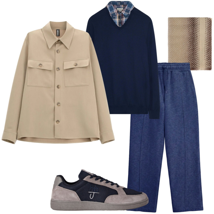 Outfit uomo - Blu navy e cammello. Stile Urban per Tutti i giorni. Abbinamento con sneakers, cappotti, pantaloni, sciarpe, maglieria.