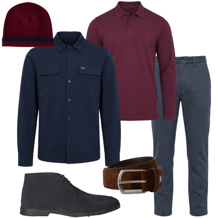 Outfit uomo - Polo manica lunga. Stile Urban per Ufficio. Abbinamento con cinture, cappotti, pantaloni, polo, stivali e stivaletti, berretti.