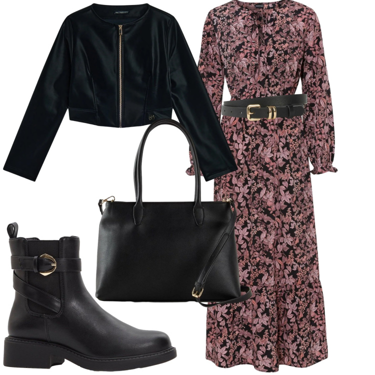 Outfit donna - Fiori & Pelle. Stile Boho per Tutti i giorni. Abbinamento con collane, blazer, cinture, stivaletti, borse a mano, vestiti lunghi.