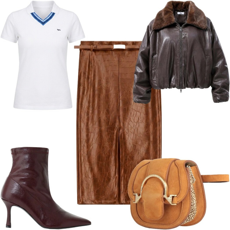 Outfit donna - Total look #2497526. Stile Sporty chic per Tutti i giorni. Abbinamento con bomber, polo, stivaletti, gonne longuette, marsupi.