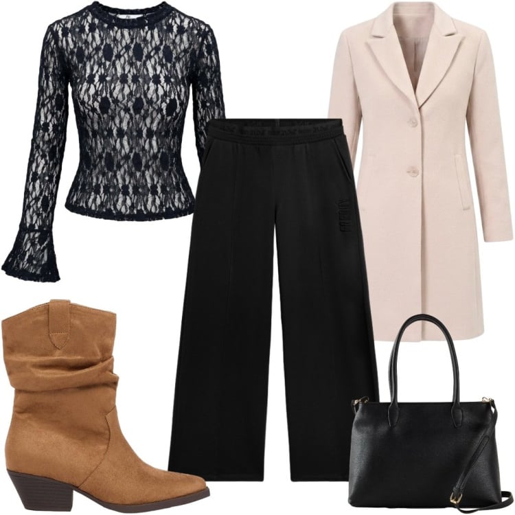 Outfit donna - Total look #2497528. Stile Trendy per Tutti i giorni. Abbinamento con top, pantaloni, cappotti, stivaletti texani, borse a mano.