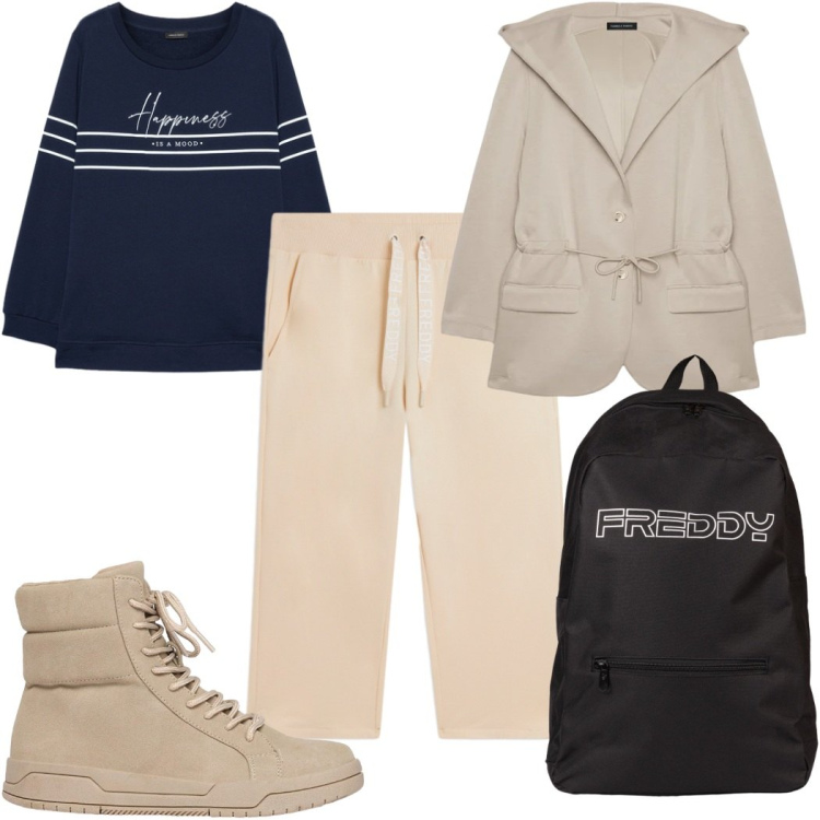 Outfit donna - Total look #2497532. Stile Casual per Tutti i giorni. Abbinamento con felpe con cappuccio, felpe, pantaloni, zaini, stivaletti.