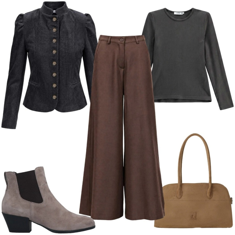 Outfit donna - Total look #2497535. Stile 70s per Tutti i giorni. Abbinamento con blazer, pantaloni a palazzo, t-shirt, borse a spalla, stivaletti chelsea.