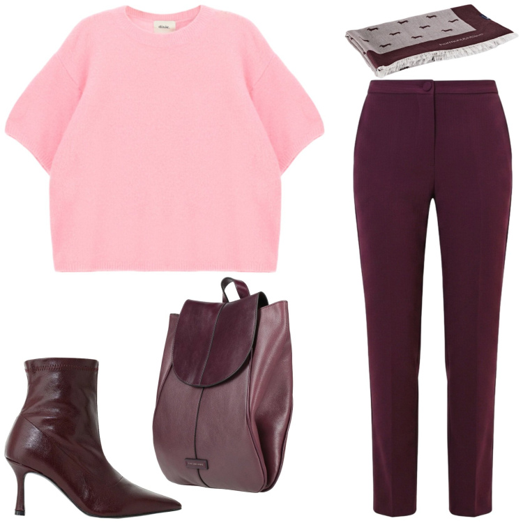 Outfit donna - Il maglioncino romantico in ufficio. Stile Chic per Ufficio. Abbinamento con sciarpe, stivaletti, pantaloni, maglieria, zaini.