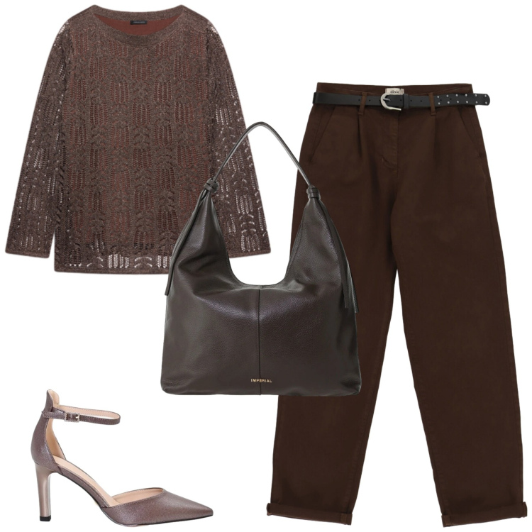 Outfit donna - City. Stile Casual chic per Tutti i giorni. Abbinamento con borse a spalla, maglieria, décolleté, pantaloni.