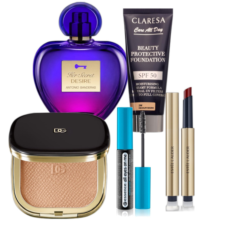 Outfit donna - Essenziali. Abbinamento con profumi, mascara, terre, rossetti, fondotinta.