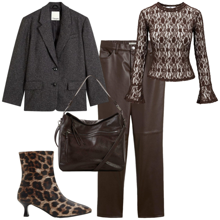 Outfit donna - A cena. Stile Trendy per Serata fuori. Abbinamento con top, pantaloni, blazer, stivaletti, borse a tracolla.