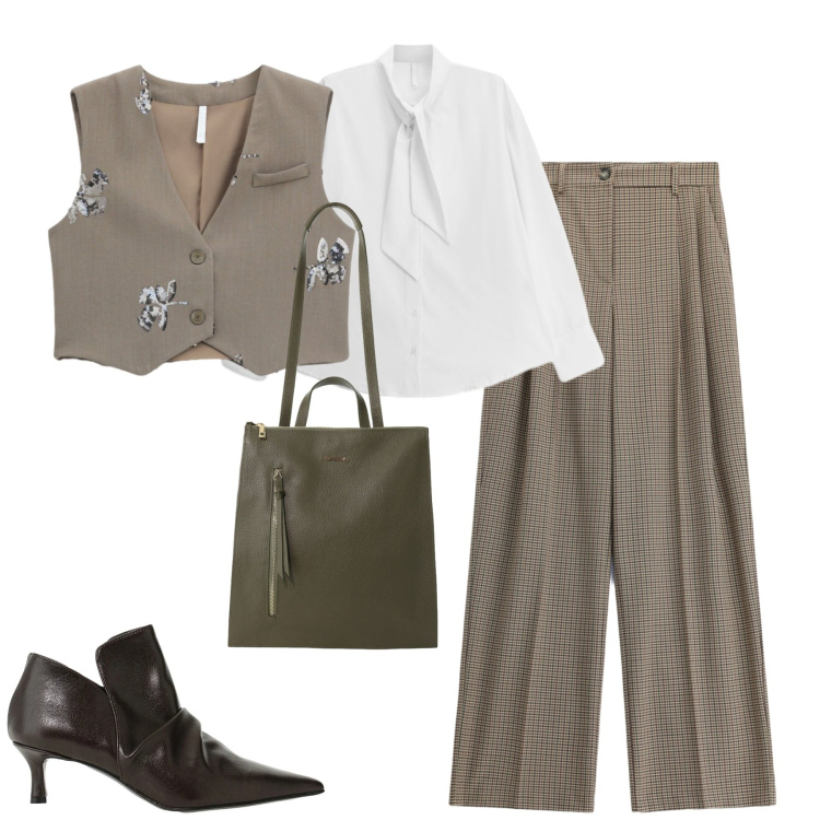 Outfit donna - City. Stile Urban per Tutti i giorni. Abbinamento con gilet, camicie, stivaletti, borse a tracolla, pantaloni a palazzo.