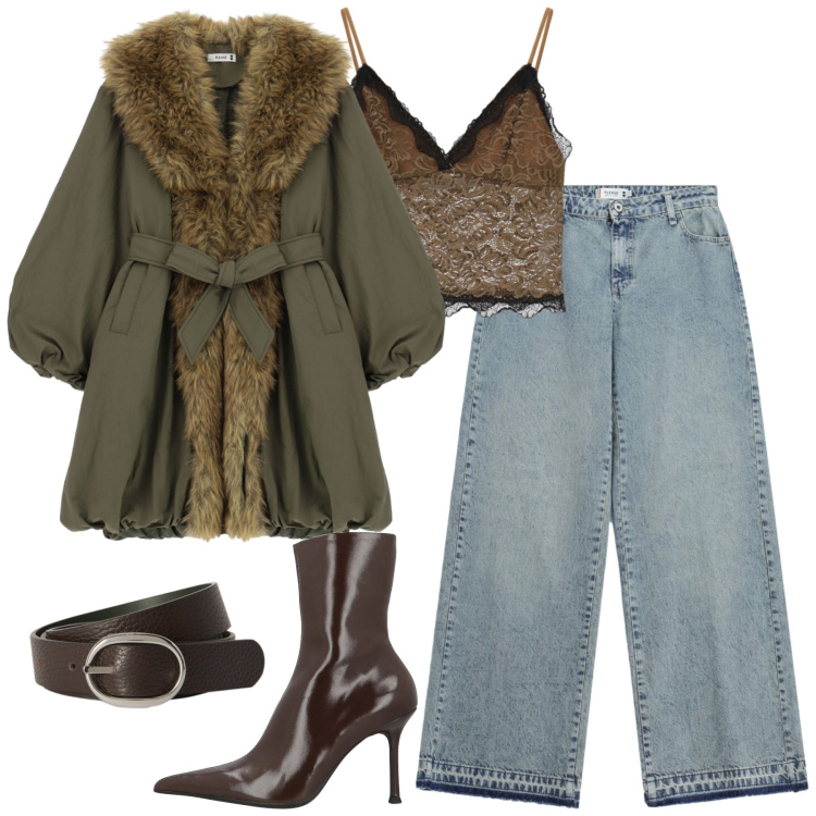 Outfit donna - Please. Stile Trendy per Tutti i giorni. Abbinamento con cinture, jeans dritti, top, blazer, stivaletti.