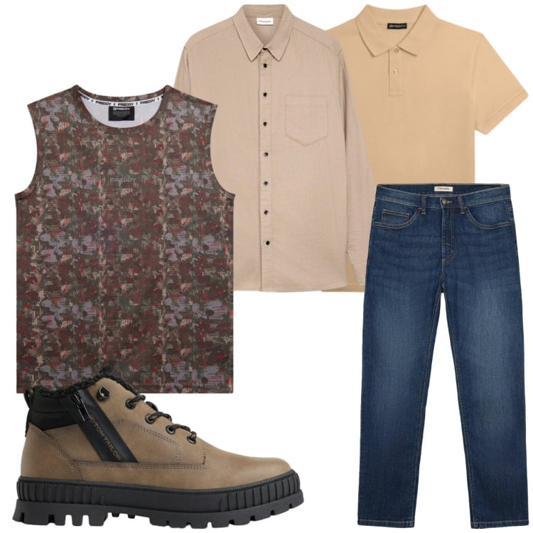 Outfit uomo - Stratificazioni leggere. Stile Trendy per Tutti i giorni. Abbinamento con canottiere, polo, jeans dritti, stivali e stivaletti, camicie.
