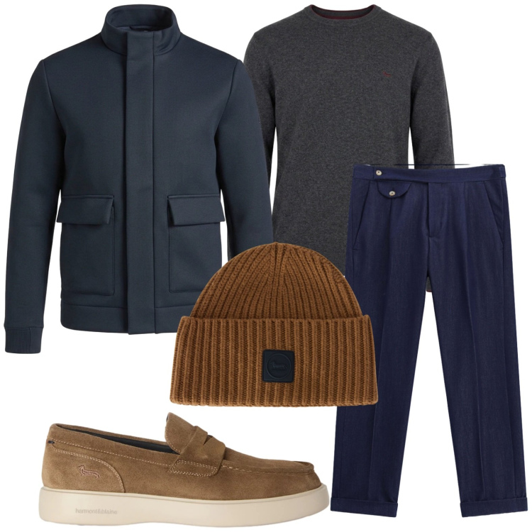 Outfit uomo - Giornata fredda. Stile Casual per Tutti i giorni. Abbinamento con scarpe stringate, maglieria, giacche, berretti, pantaloni.