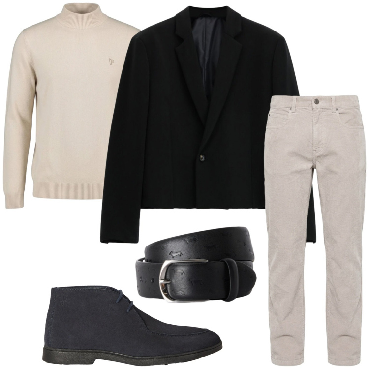 Outfit uomo - Nuance estreme. Stile Trendy per Ufficio. Abbinamento con cinture, pantaloni, stivali e stivaletti, maglieria, giacche.